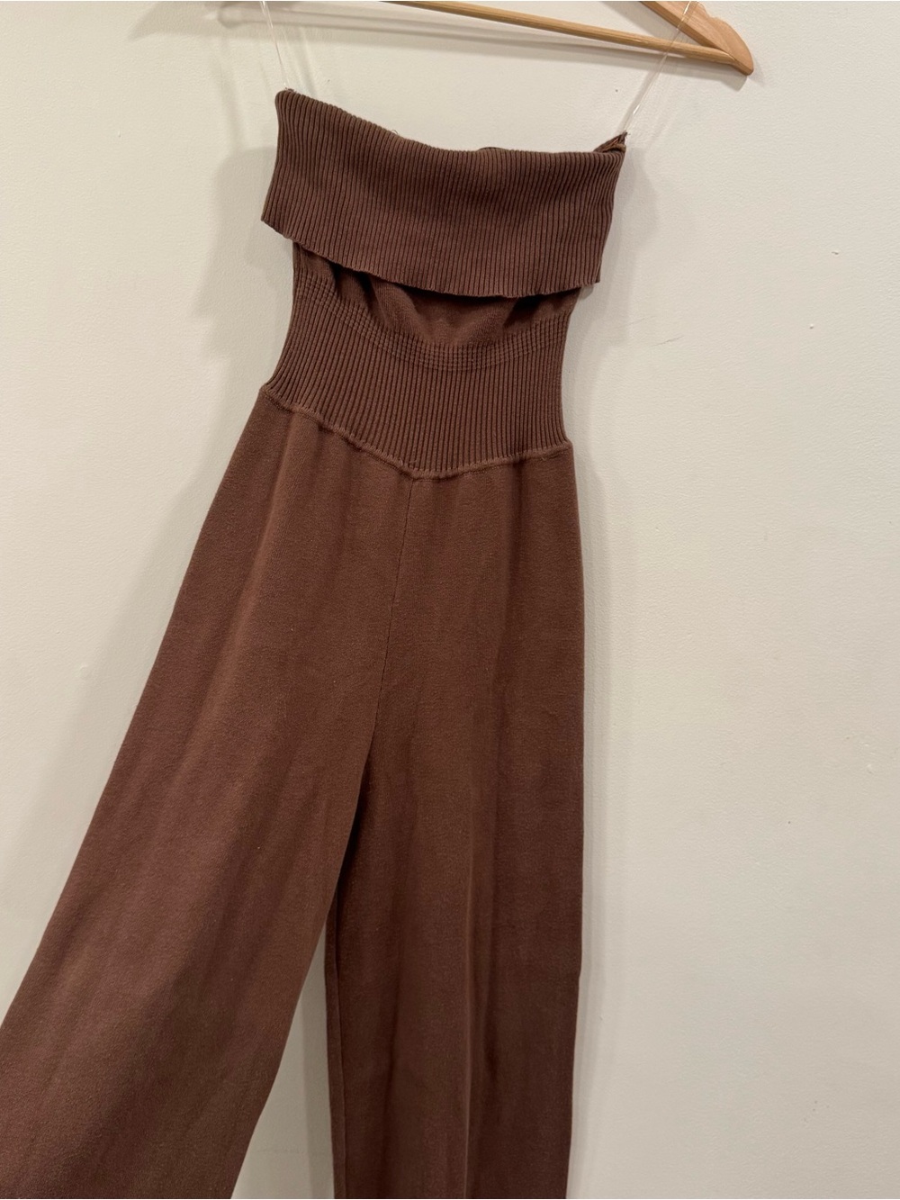 Bo &Tee Brown strapless ribbed jumpsuit wide leg